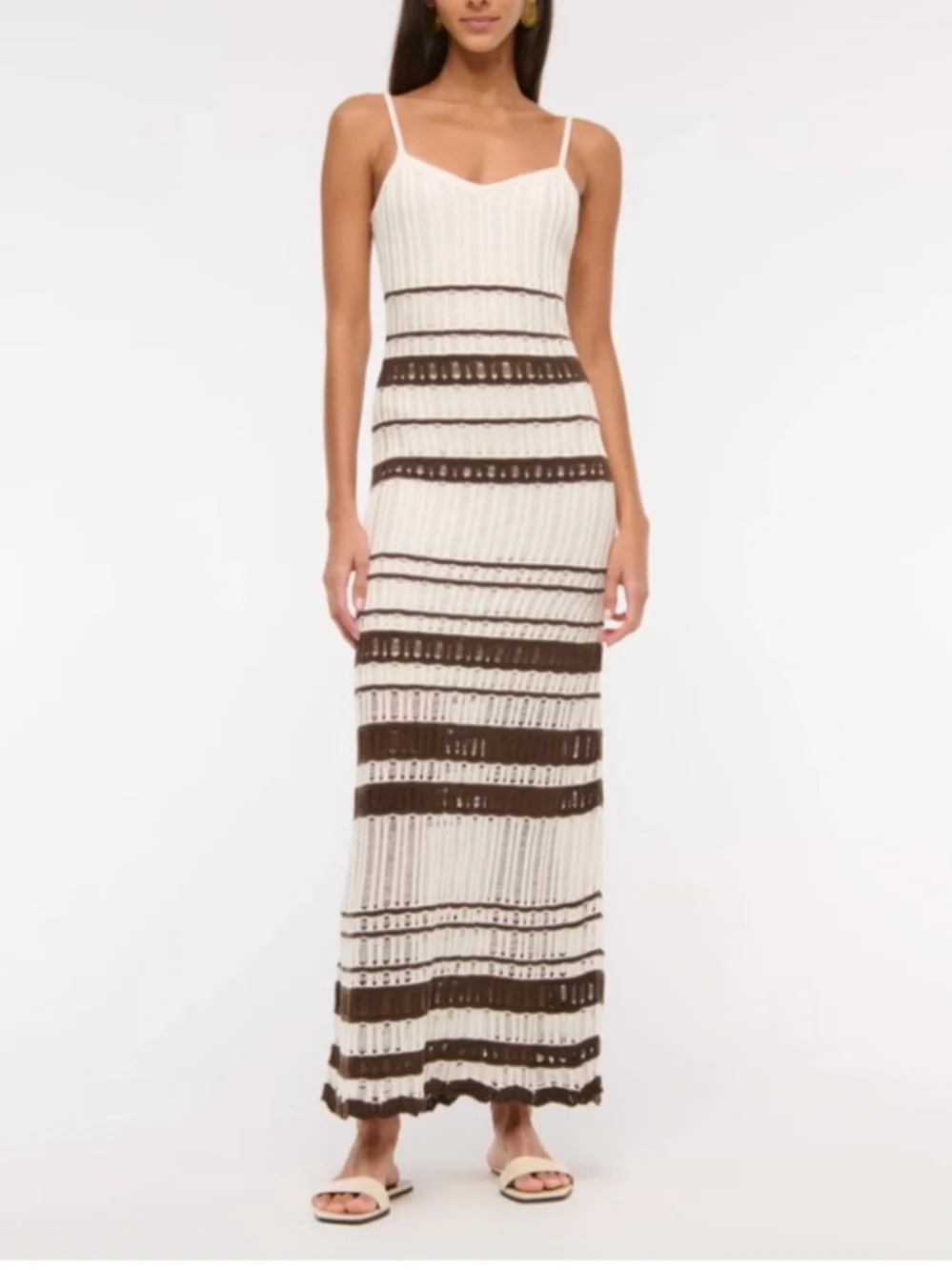 Abercrombie & Fitch Crochet Knit Stripe Midi Maxi Dress Ivory Brown Medium